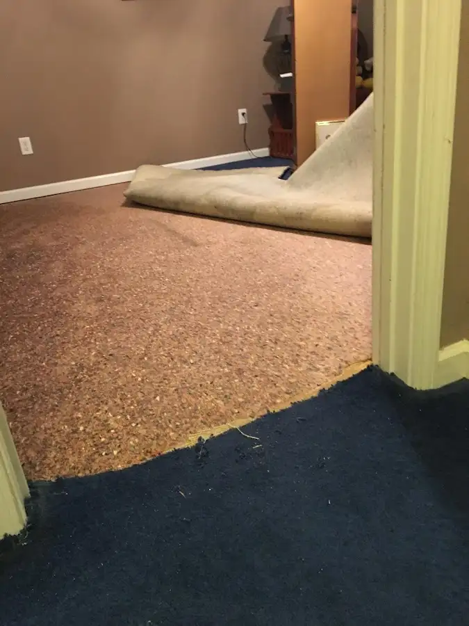 Carpet pad removal revealing water damage during Water Mitigation Services in San Elizario